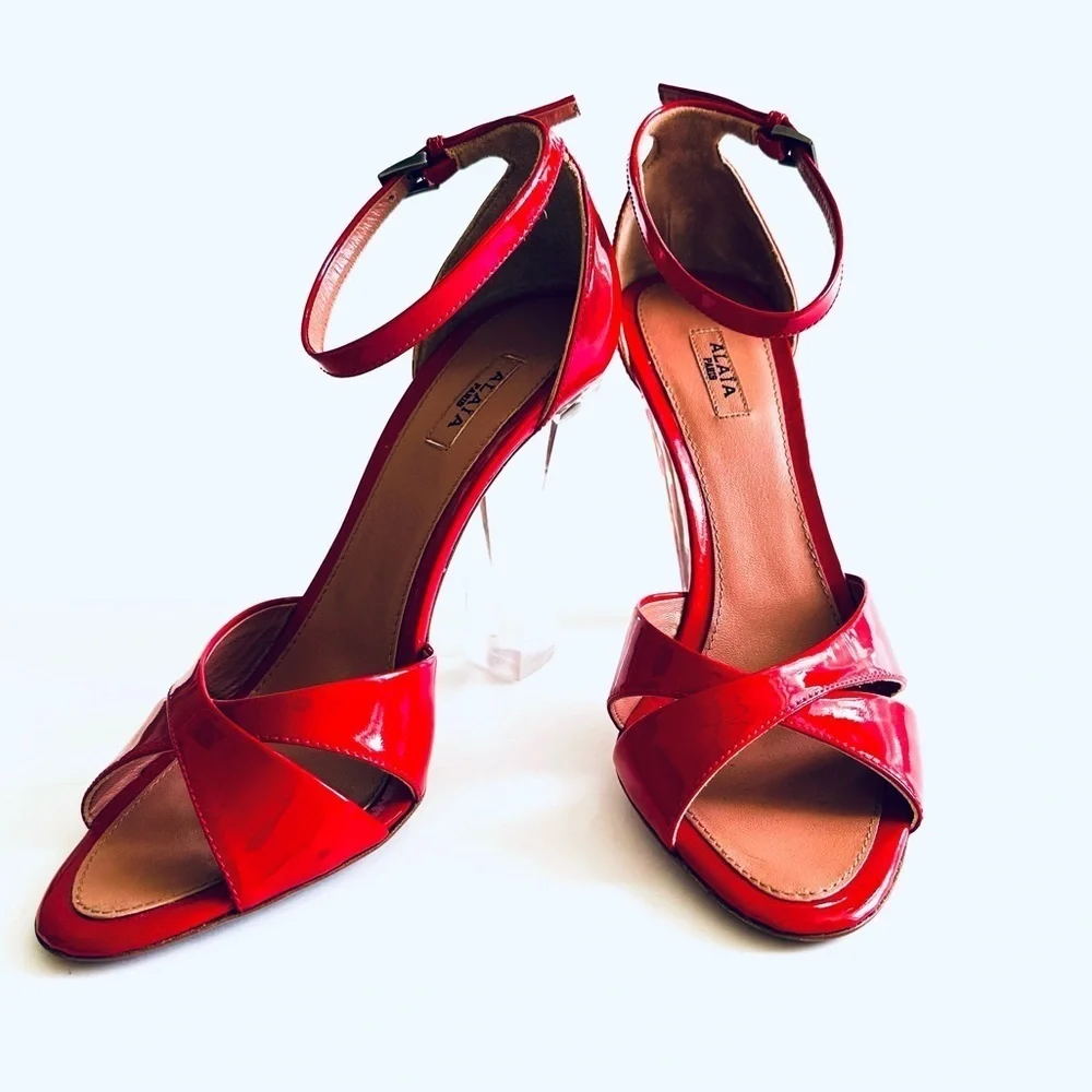 Alaia Red Patent Leather Luxury HTF Sandal w/ Clear-Block Heel Ankle-Strap 37.5 - Picture 3 of 16